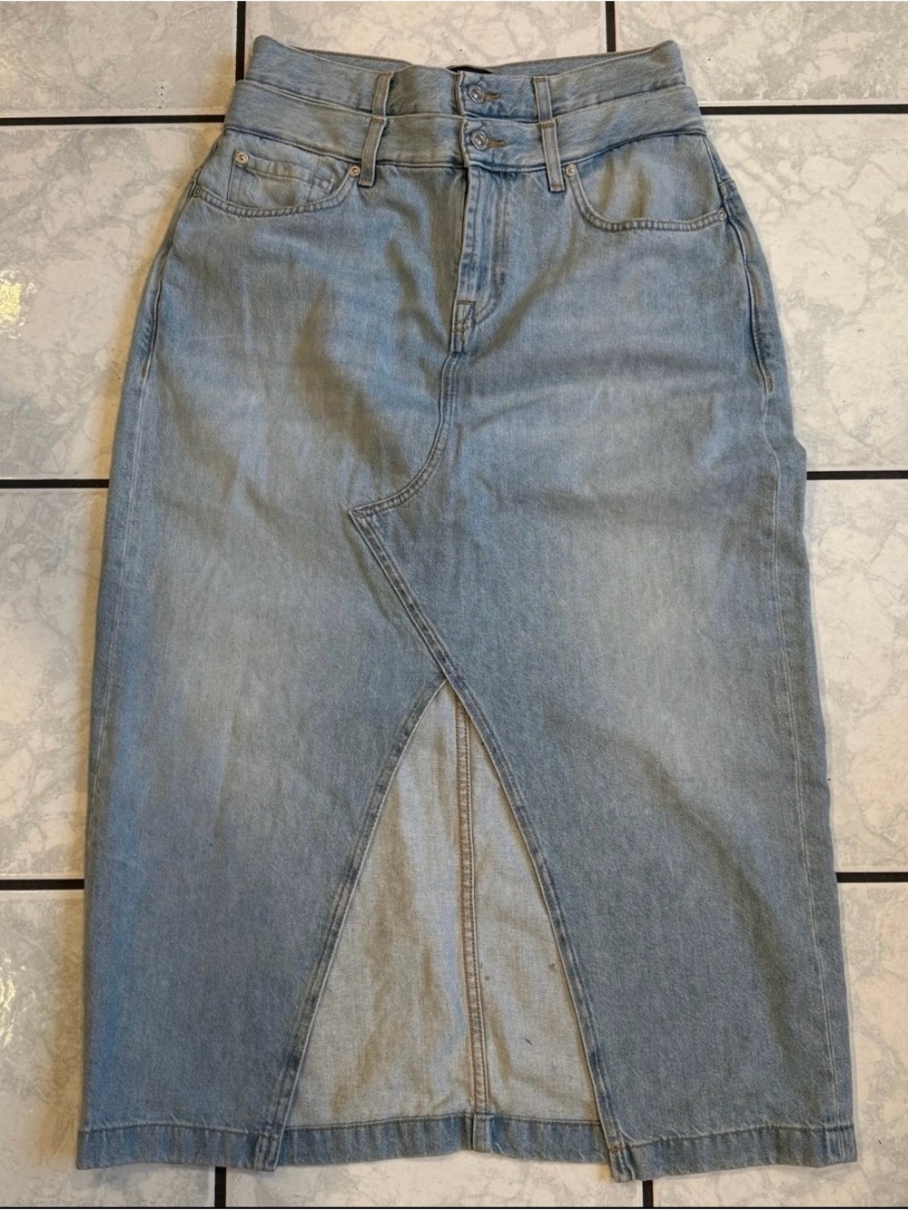 NWOT 7 For All Mankind Light Blue Denim Midi Skirt with Front Overlap Slit